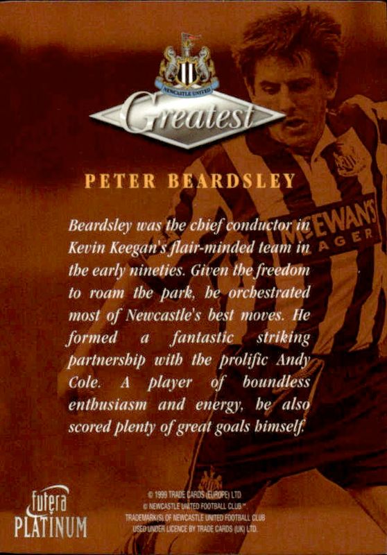 1999 Futera Platinum Newcastle United Greatest Peter Beardsley 22 CARAT GOLD EDGES
