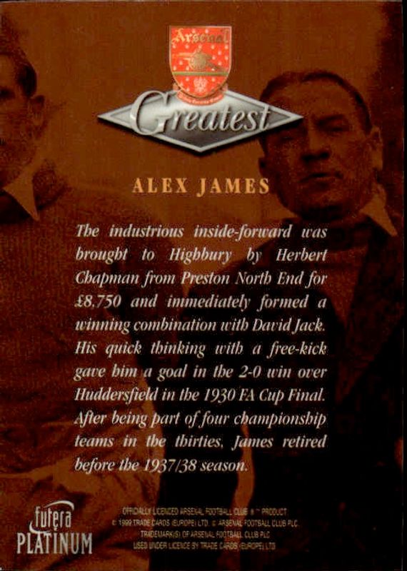 1999 Futera Platinum Arsenal Greatest Alex James 22 CARAT GOLD EDGES