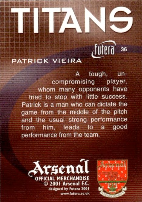 Main Image 2001 Futera Arsenal FX Titans Patrick Vieira #36