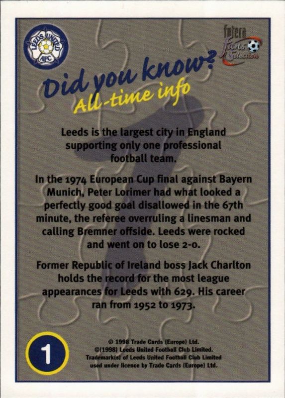 Leeds United 1998 Futera Fans Selection Team Puzzle Cards 1-9 set