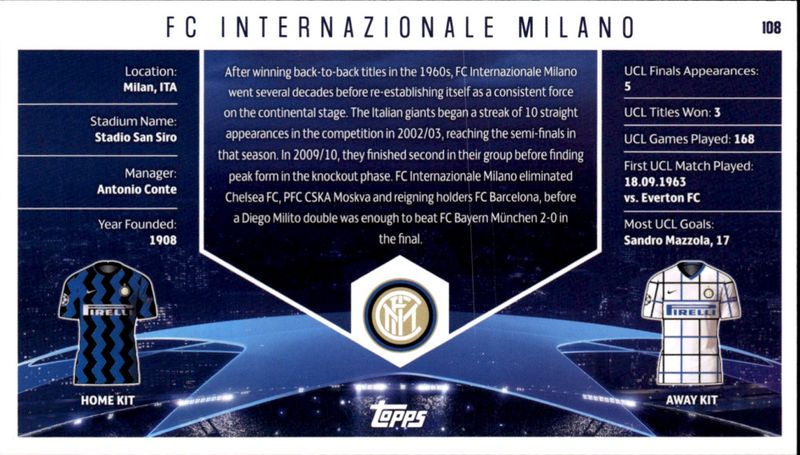 TOPPS Best of the Best Champions League 2020/21 #108 FC INTERNATIONAL MILAN