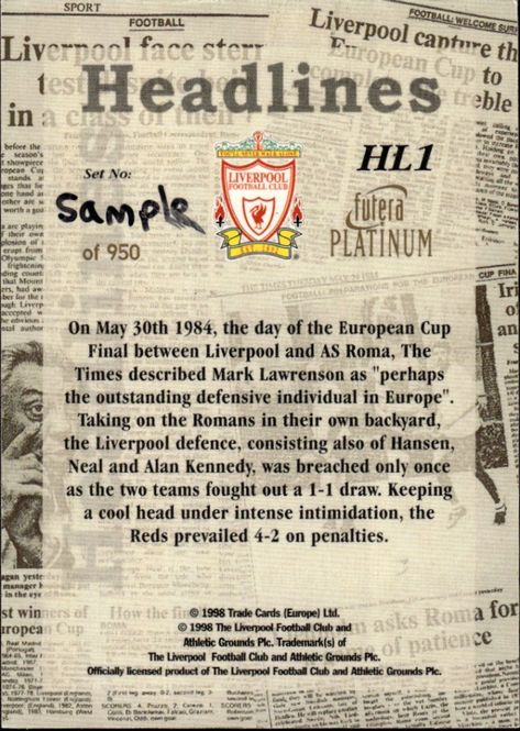 Main Image FUTERA 1998 MARK LAWRENSON HEADLINES HL1 ...