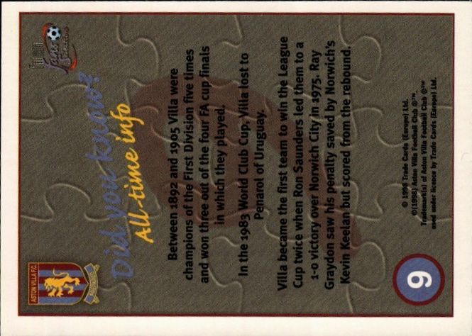 Hovedbilde FUTERA 1998 ASTON VILLA 9 CARD TEAM PUZZLE L/R ...