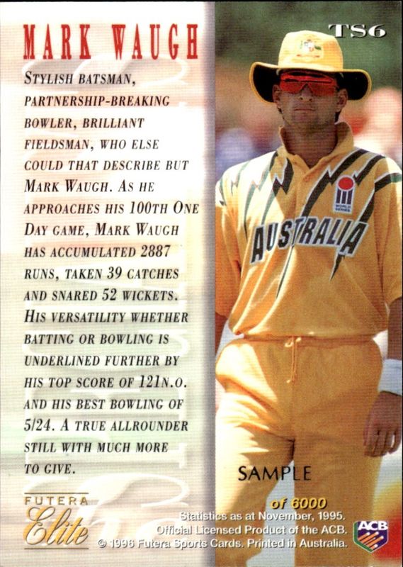 1996 Futera Cricket Elite Series The Specialist Foil Card TS6-- MARK WAUGH -SAMPLE