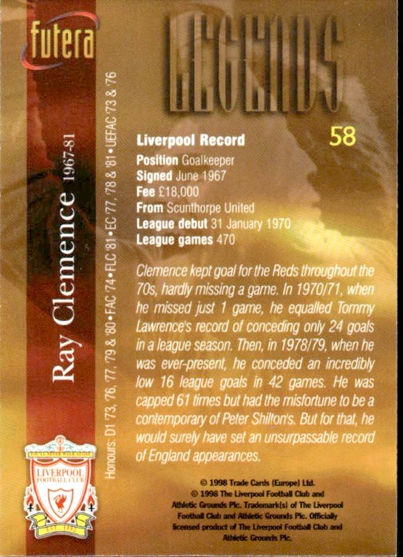 RAY CLEMENCE 1998 Futera Soccer Card LIVERPOOL #58 