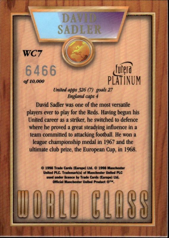 1998 Futera Manchester United Platinum World Class #6466/10000 David Sadler #WC7 ON CARD AUTO