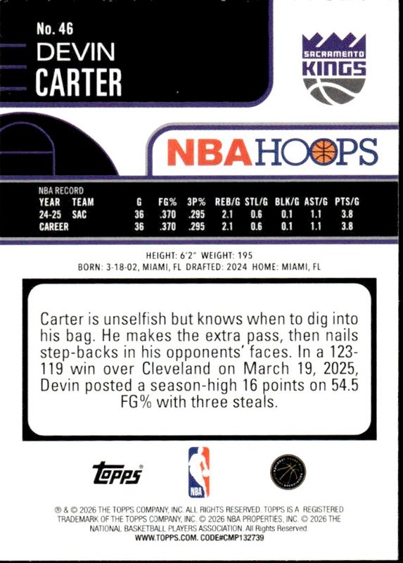 2025-26 Topps NBA Hoops - Devin Carter #46 Sacramento Kings Foil