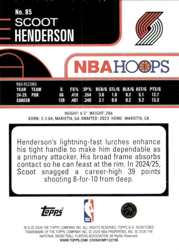 2025-26 Topps NBA Hoops Scoot Henderson #85 Green Trailblazers 