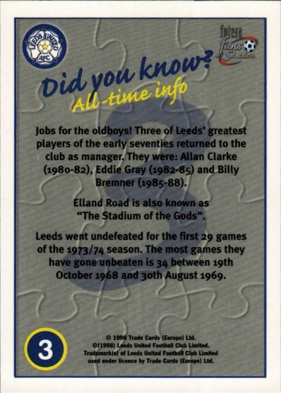 Leeds United 1998 Futera Fans Selection Team Puzzle Cards 1-9 set