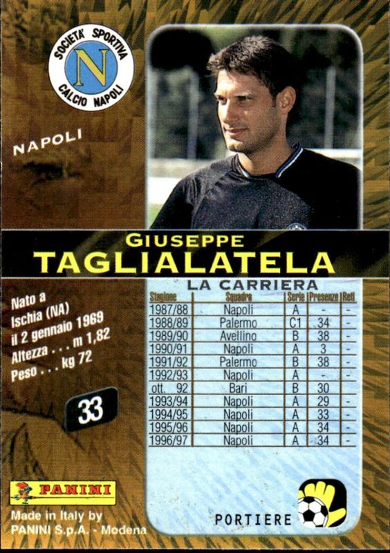 Panini Card Calcio 98 1998 Serie A #33 Giuseppe Taglialatela Napoli