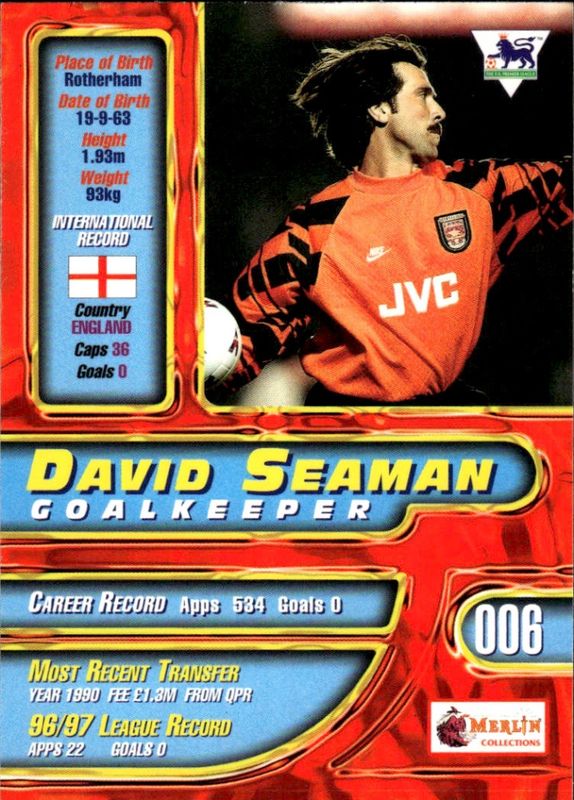 DAVID SEAMAN 1997-98 Merlin Premier Gold Soccer Card ARSENAL #6