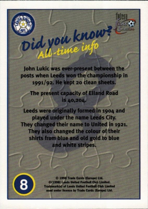 Leeds United 1998 Futera Fans Selection Team Puzzle Cards 1-9 set