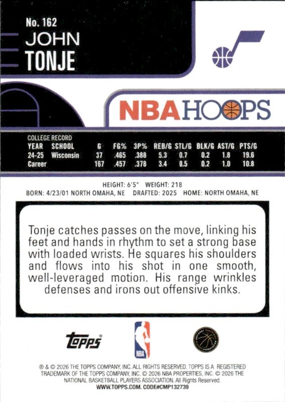 John Tonje 2025-26 Topps NBA Hoops Holo Foil Rookie RC #162 Jazz