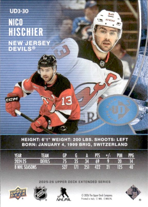 2025-26 Upper Deck Extended Nico Hischier UD3 insert #UD3-30