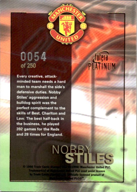 1998 Futera Redemption card Nobby Stiles Manchester United Football Autograph on card #54/250