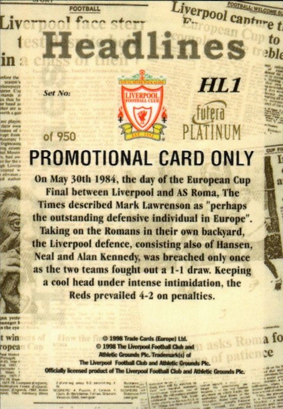 FUTERA 1998 MARK LAWRENSON HEADLINES HL1 PROMOTIONAL CARD ONLY 