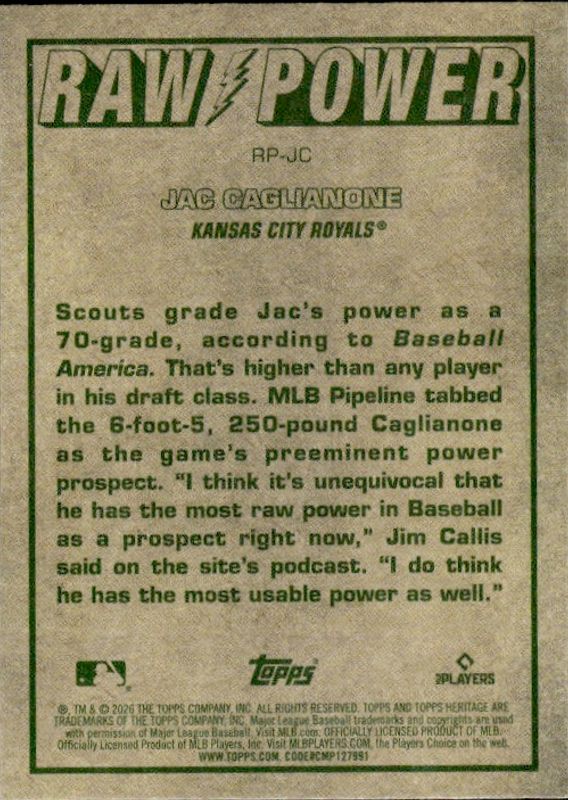 JAC CAGLIANONE RC 2026 Topps Heritage Raw Power #RP-JC Royals