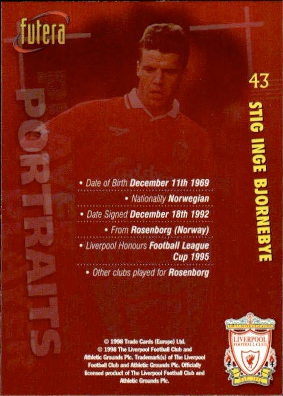 1998 Futera Liverpool Portraits Stig Inge-Bjornebye #43 