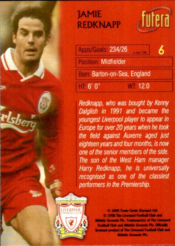 JAMIE REDKNAPP 1998 Futera Soccer Card LIVERPOOL #6 
