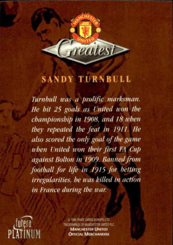 Sandy Turnbull (MANCHESTER UNITED) Futera Platinum 1999 Card 22 CARAT GOLD GILDED EDGES