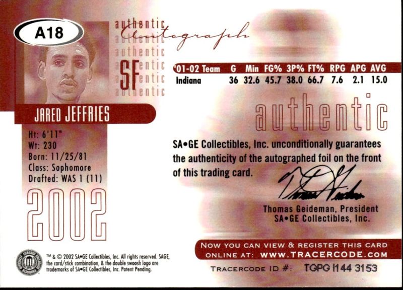 2002 Sage - Authentic Autograph Jared Jeffries #A18 