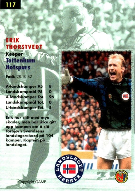 1996 GAME Tippe Ligaen Fotballkort Erik Thorstvedt #117 