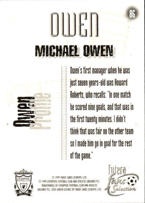 Hovedbilde MICHAEL OWEN 1999 Futera Soccer Card LIVERPOOL ...