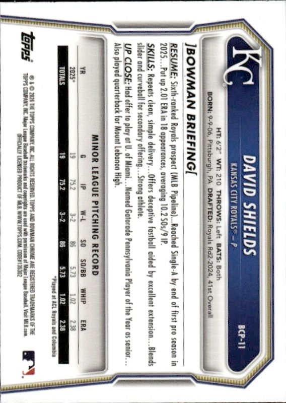 2026 Bowman Chrome David Shields 1st Bowman #BCP-11 Royals
