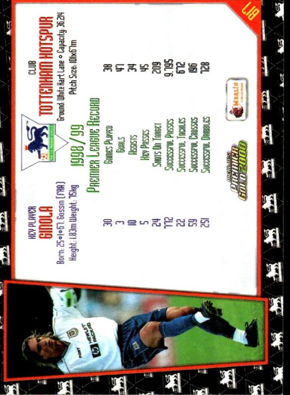 Merlin's Premier Gold 2000 David Ginola B17 'Club Card' Tottenham Hotspur
