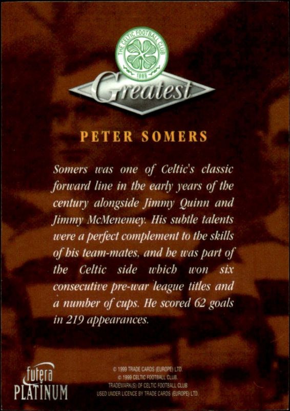 1999 Futera Platinum Celtic Greatest Peter Somers 22 CARAT GOLD GILDED EDGES 