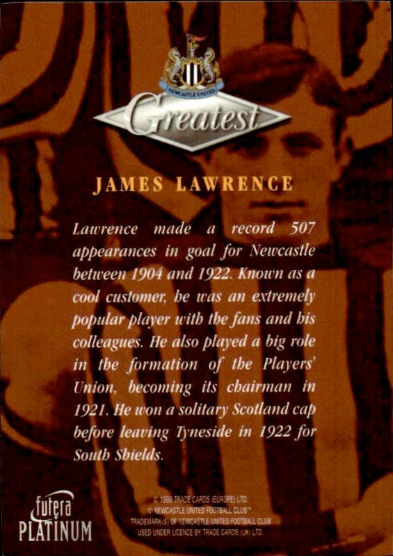 1999 Futera Platinum Newcastle United Greatest Jimmy Lawrence 22 CARAT GOLD EDGES /250