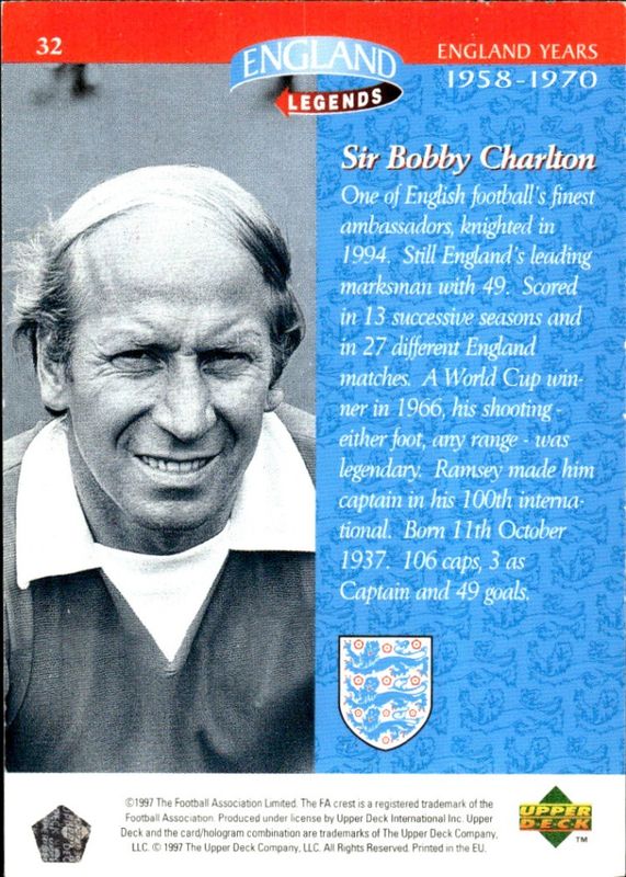 1997-98 Upper Deck England England Legends Sir Bobby Charlton #32