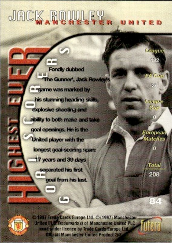 1997 Futera Manchester United FC Highest Ever Goal Scorers Jack Rowley #84