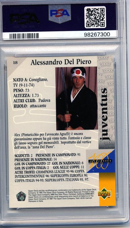 ALESSANDRO DEL PIERO 1997 Upper Deck Soccer Card JUVENTUS 18 PSA 9 POP 1 ONLY ONE HIGHER