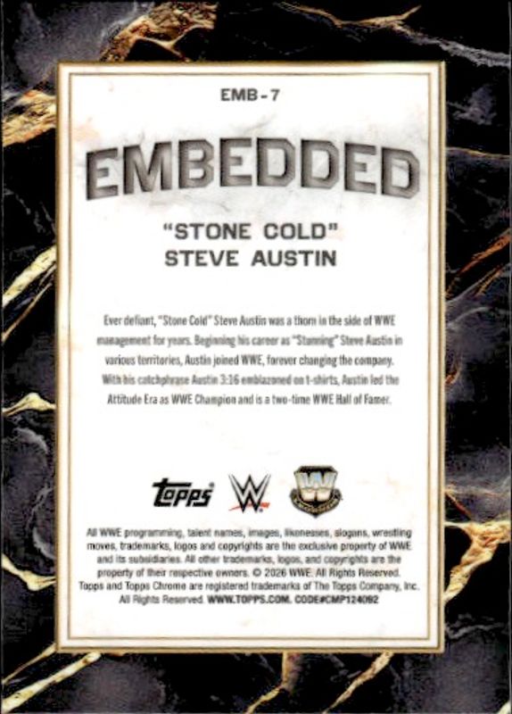 2026 Topps Chrome WWE #EMB-7 Stone Cold Steve Austin Embedded Refractor