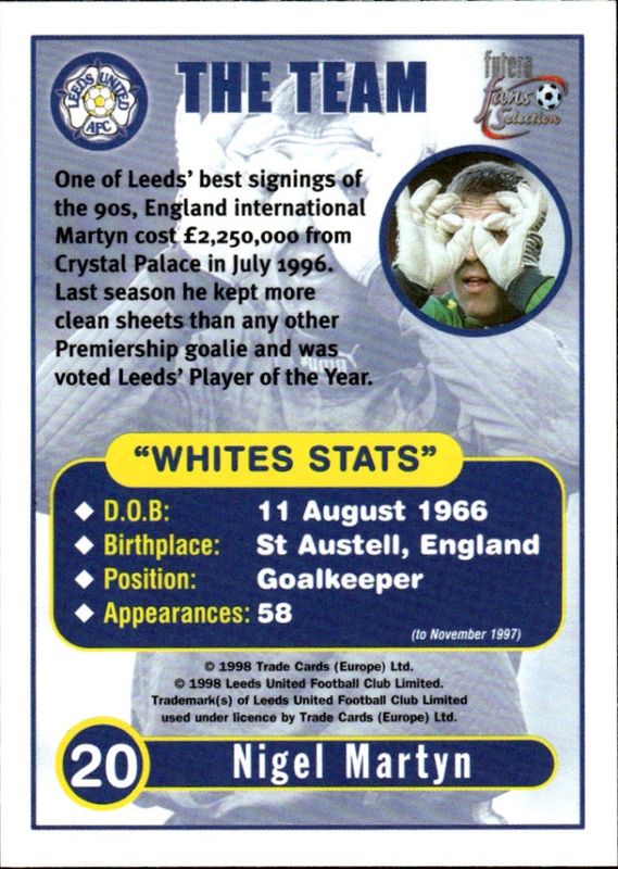 futera 1999 LEEDS NIGEL MARTYN THE TEAM #20 