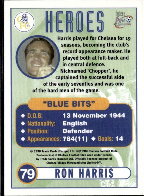 1998 FUTERA FANS SELECTION - RON HARRIS - CHELSEA HEROES No 79