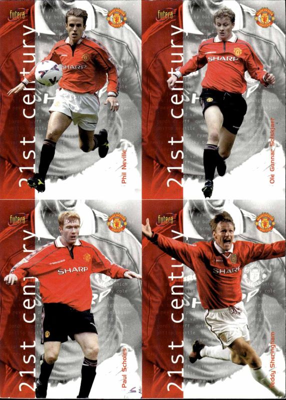 UNCUT SHEET OLE GUNNAR SOLSKJÆR/ NEVILLE/SHERINGHAM AND SCHOLES FUTERA 2000  4 CARDS 