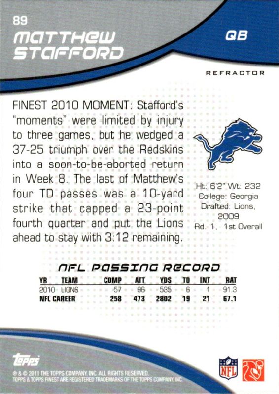 2011 Finest Refractors #89 Matthew Stafford