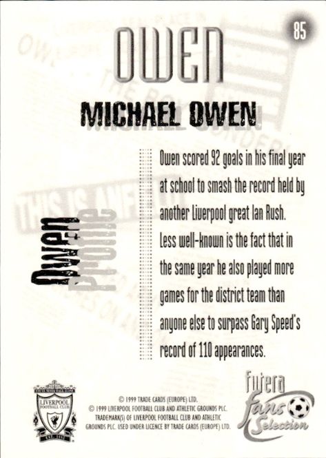 Hovedbilde 1999 Futera Fans Selection Liverpool Michael Owen ...