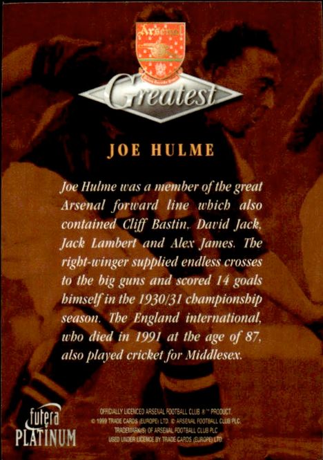 Hovedbilde 1999 Futera Platinum Arsenal Greatest Joe Hulme ...