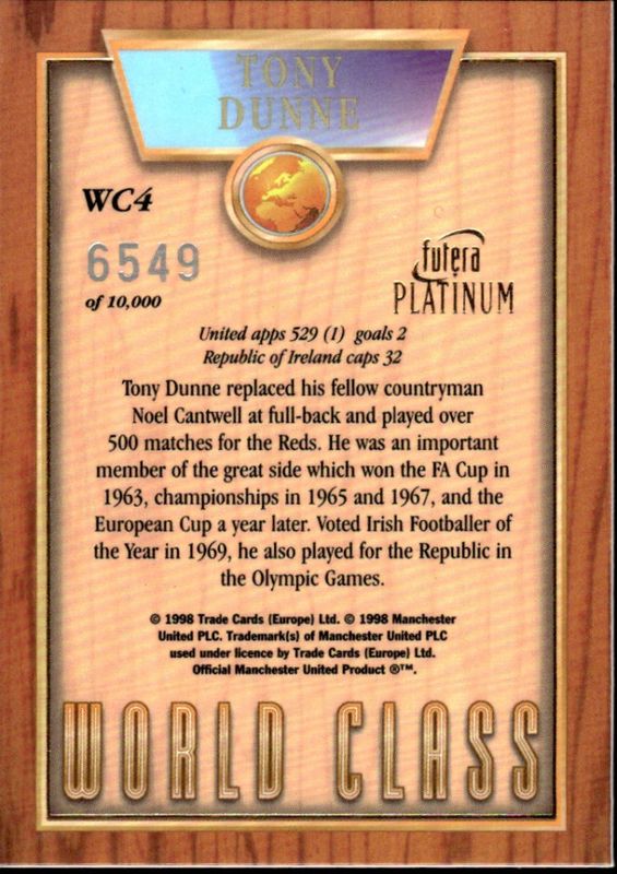 1998 Futera Manchester United Platinum World Class #6549/10000 Tony Dunne #WC4