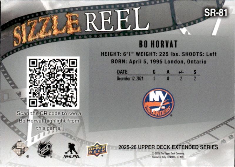 2025-26 Upper Deck Sizzle Reel Bo Horvat New York Islanders #SR-81