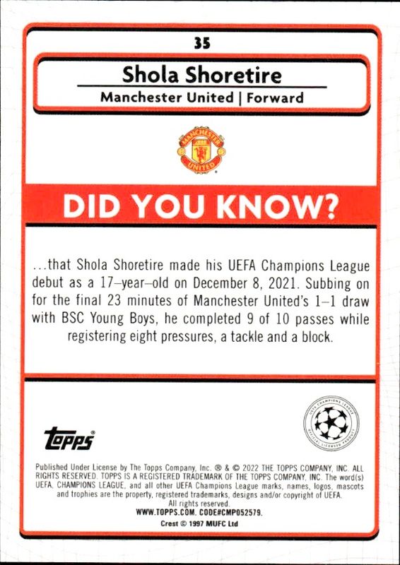 Shola Shoretire Rookie 2022 Topps Merlin Soccer #35 Card RC Manchester United