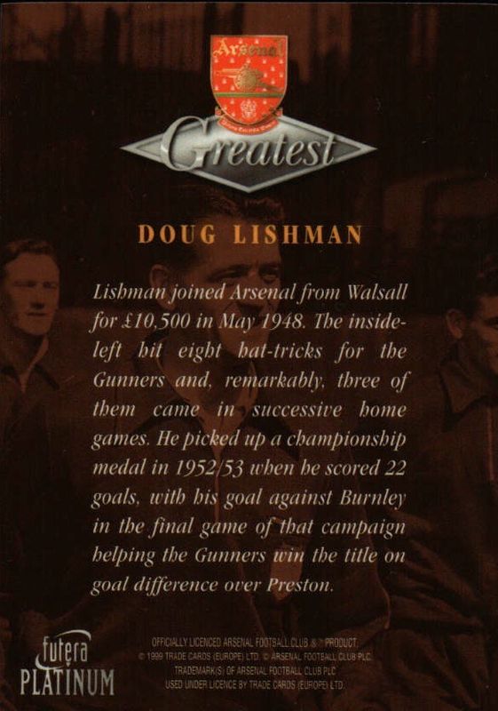 1999 Futera Platinum Arsenal Greatest Doug Lishman 22 CARAT GOLD EDGES