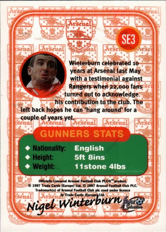 Futera Arsenal Fans Selection 1997-98 - Special Edition SE3 Nigel Winterburn