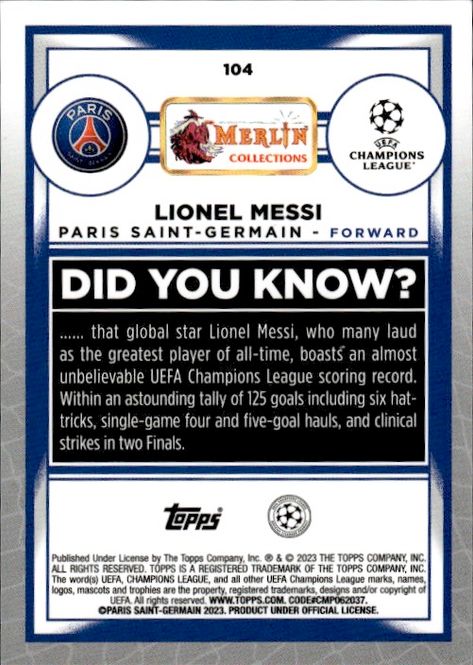 Main Image 2022-23 Topps Merlin Chrome Lionel Messi #104 ...