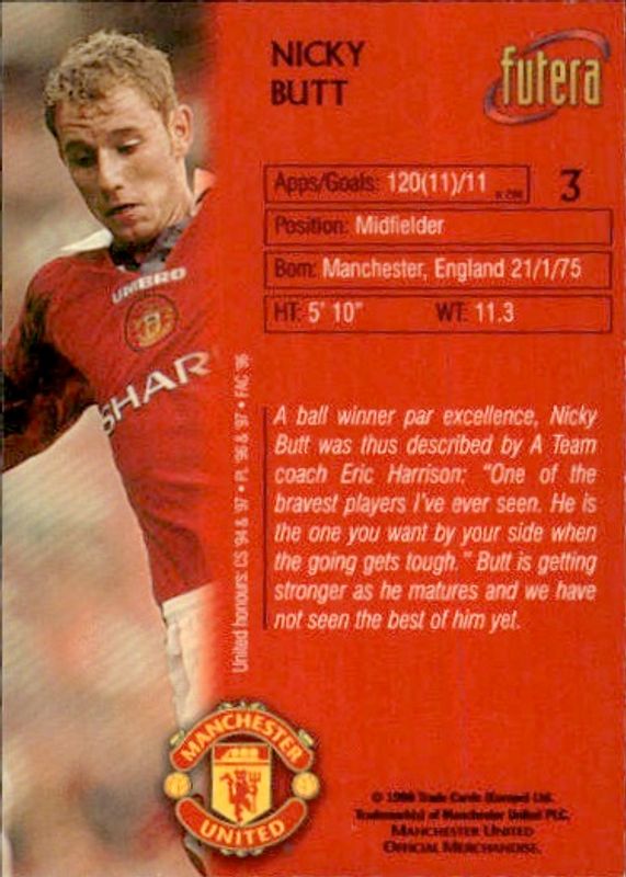 1998 Futera Manchester United Chrome Foil Nicky Butt #3 /500 players edition