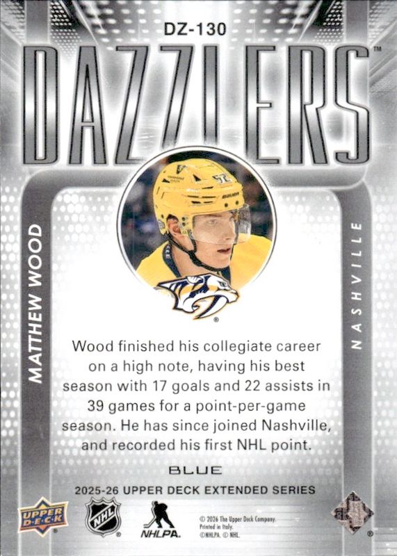 2025-26 Upper Deck Extended Series Matthew Wood DZ-130 Blue Dazzlers Nashville
