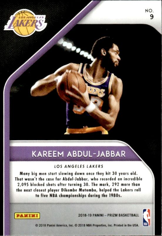 2018-19 Panini Prizm #9 Kareem Abdul-Jabbar Hall Monitors Silver